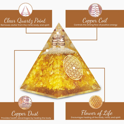 Real Crystal Citrine Orgonite Pyramid, Healing Crystal Pyramid, Pyramid Crystal Gemstone Pyramid for Meditation, Motivation, Positivity - Handmade in India