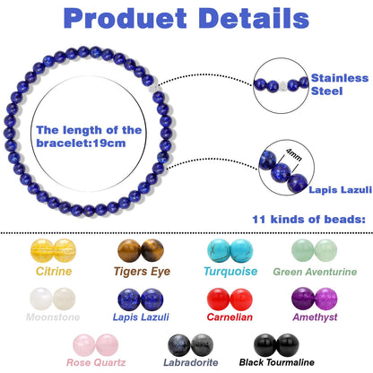 Raicegs 4MM Lapis Lazuli Bead Bracelets for Women Men Healing Crystal Bracelet Natural Stone Handmade Stretch Bracelet Reiki Spiritual Jewelry