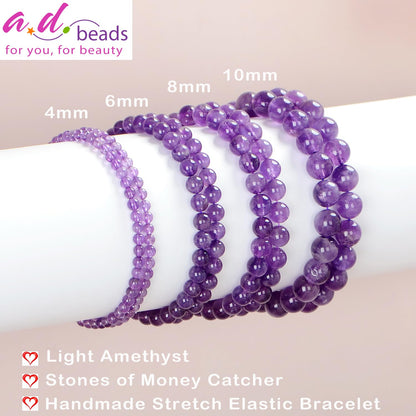 AD Beads Handmade Gemstone Stretch Elastic Bracelet Crystal Healing Reiki Nature's Beauty and Spiritual Essence Unisex (8mm, Purple Amethyst)