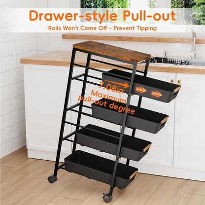 Landmok 5-Tier Slim Storage Cart, Wooden Top Rolling Kitchen Cart with Pull-Out Baskets & Wheels, Narrow Space Utility Cart Slide Out Organizer for Kitchen, Bathroom, Laundry Room, Black