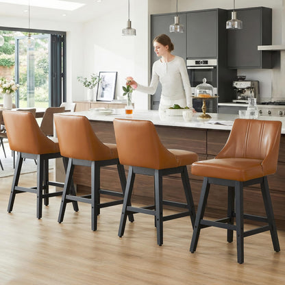 kinmars 27'' Counter Height Bar Stools Set of 4, Swivel Bar Stools with Backs, Modern Faux Leather Bar Stools for Kitchen Island, Solid Wood Legs, Adjustable Feet (PU - Brown, Set of 4-27" H)