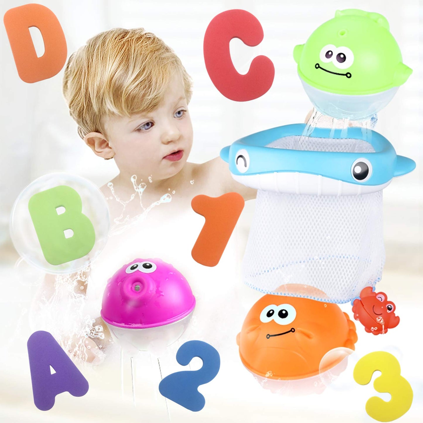 Bath Toy Sets, 36 Foam Bath Letters and Numbers, Floating Squirts Animal Toys Set with Fishing Net and Organizer Bag, Fish Catching Game for Babies Infants Toddlers Bathtub Time