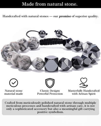 Beaded Bracelet for Men, 10mm Natural Stones Bracelet for Men's Gift, Adjustable Precision-Cut Gemstone Crystal Healing Bracelet, Protection Jewelry Gift with Hematite, Tiger Eye (Map Stone & Hematite)