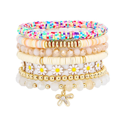 RISHEGAE Heishi Beaded Stretch Bracelets for Women Stackable Gold Polymer Clay Beads Bracelets Friendship Boho Summer Beach Bracelet Jewelry Set (C-Daisy 8pcs)