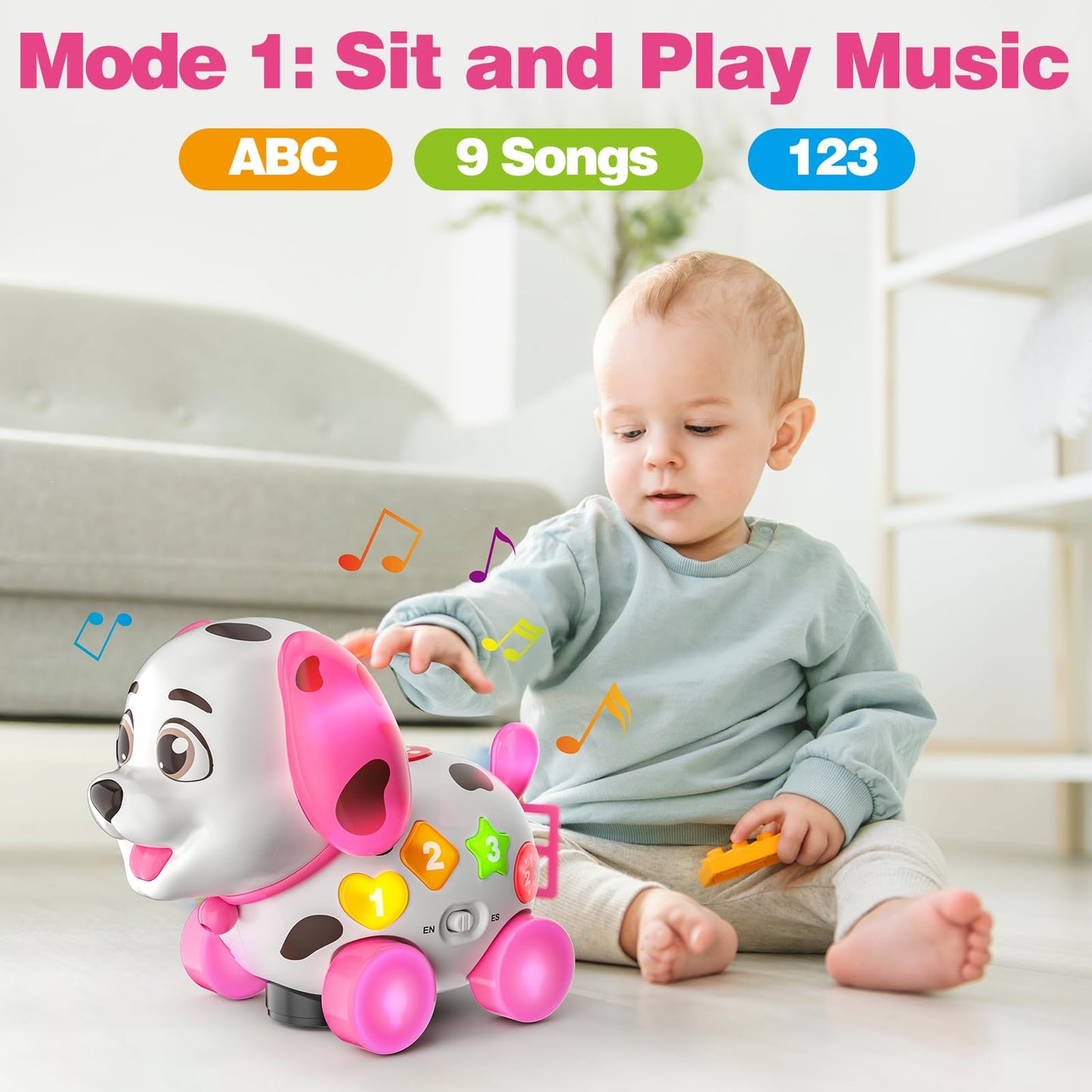 Musical Baby Toys 6-12 Months, 1st Birthday Girl Gifts for One Year Old, 6 7 8 9 10 12-18 Months Toy for Baby Gift, Bilingual Crawling Walking Puppy Toy for 1 Year Old, ABC,123s, Music