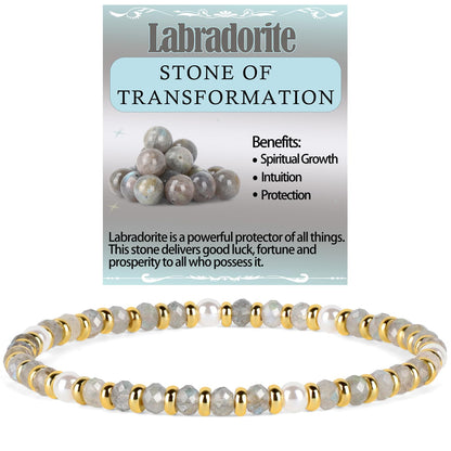 QOGIR Labradorite - Transformation - 14K Gold Plated Beads Natural Gemstone Stretch Elastic Dainty Healing Beaded Bracelets Gifts 2x4mm
