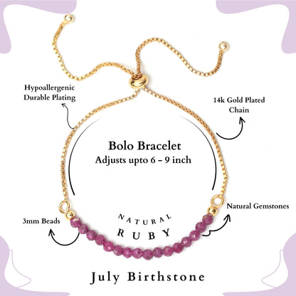 Gempires Natural Ruby Gemstone Beads Bracelets for Women, July Birthstone Bolo Bracelet, 14k Gold Plated Chain (6-9 inch Adjustable Length)