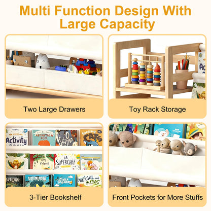 CACEJO Kid Bookshelf and Toy Storage Organizer - White 3 Tier Wooden Kids Book Shelf for Kids Rooms, Toddler Bookshelf Baby Bookcase for Nursery Class Room, Play Room- Cream White