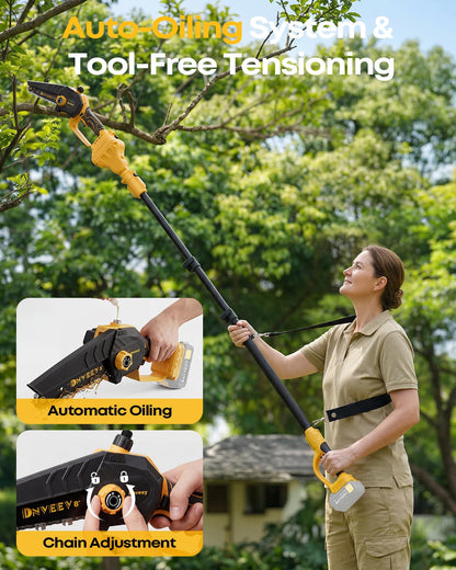 Dnveey 8-Inch Cordless Pole Saw for Tree Trimming, Compatible with DeWalt 20V Max, 15.6FT Extendable 2-in-1 Mini Chainsaw & Tree Trimmer, 800W Brushless [Tool Only - No Battery]