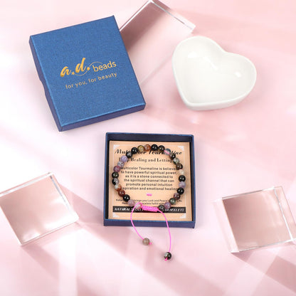 AD Beads 8mm Multicolor Tourmaline Bracelet - Deep healing - Handmade Natural Stone Crystal Bracelet with Adjustable Macrame String - Yoga Healing Power Energy Gifts for Men and Women