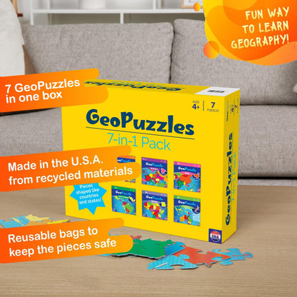 GeoToys GeoPuzzle, Country-Shaped Jigsaw Puzzles Set of 7 in One Box, Geography Puzzle, Map Puzzle - Jigsaw Puzzles for Kids Ages 4+ Years Old, Stocking Stuffers for Kids