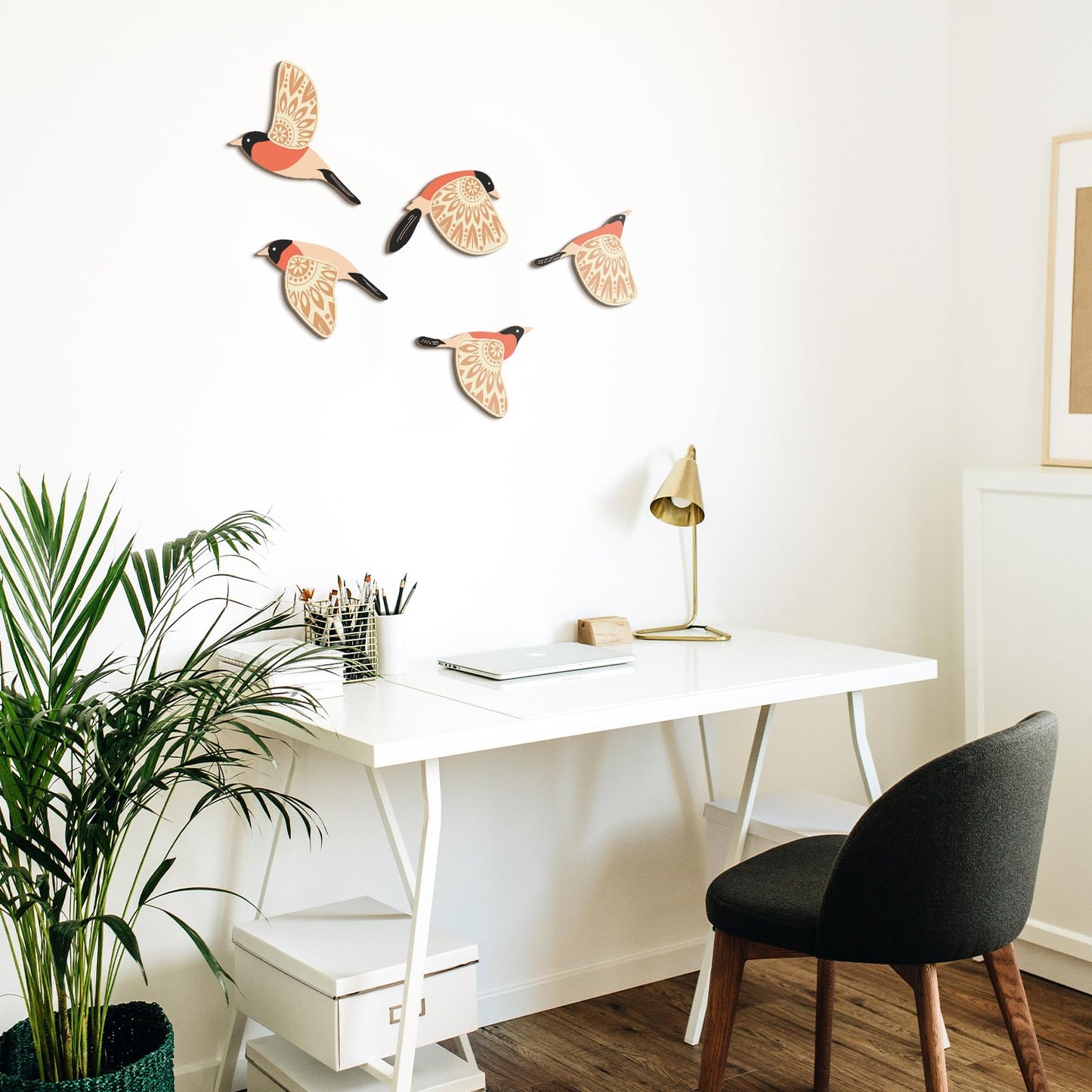 Barydat 5 Pcs Wooden Bird Wall Art Wood Flying Birds Wall Decor Rustic Folk Art Scandinavian Home Decor for Gift Living Room Bedroom Kitchen Office (Orange)