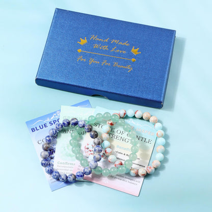 NCB 3-Piece 8mm Natural Crystal Gemstone Stretch Bracelets – ﻿Agalmatolite Jasper, Blue Spot, Green Aventurine Handmade Reiki Energy Healing Jewelry for Meditation,Yoga, Unisex
