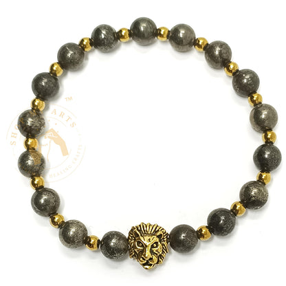 Pyrite Bracelet for Women, Men, Teens Gift - Gold Lion Pyrite Crystals and Healing Stones Mens Bracelet - 8mm Round Beaded Bracelets - Stretchy Bracelets for Chakra Protection, Meditation and Healing