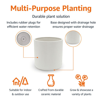 Amazon Basics Fluted Ceramic Round Planter with Drainage Hole, Indoor Outdoor Flower Pot, 10-inch, White