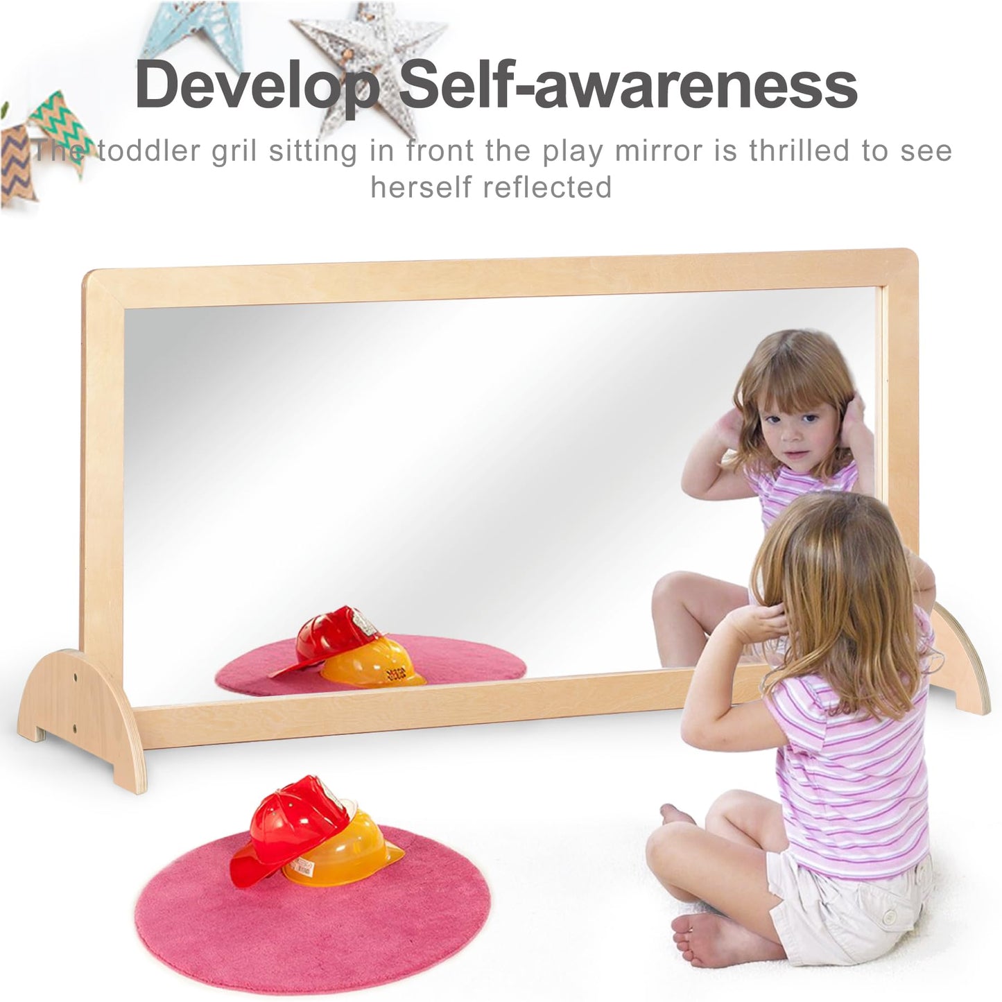 KRAND 3-Position Montessori Wood Frame Non-Shatter Safety Pull Up Bar Baby Big Mirror Set, Infant Coordination Mirror, Kids Classroom Furniture for Daycare, Homeschool or Preschool