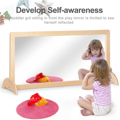 KRAND 3-Position Montessori Wood Frame Non-Shatter Safety Pull Up Bar Baby Big Mirror Set, Infant Coordination Mirror, Kids Classroom Furniture for Daycare, Homeschool or Preschool