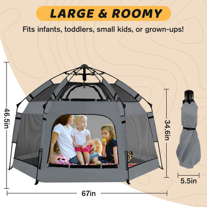 Instant Pop Up Baby Playpen with UV Canopy & Safety Lock, Portable Outdoor Beach Tent Play Yard for Toddlers, Breathable Mesh & Carry Bag, Indoor & Backyard Use (Grey)