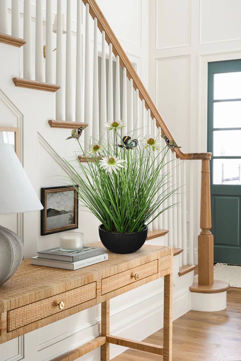 Artificial Plants Indoor with Pot, 17.3" Fake Potted Plants Artificial Onion Grass Plant with White Daisies Flowers and Butterflies Small Faux Plant Indoor for Home Living Room Table Shelf Decor