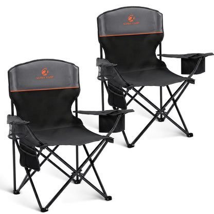 ALPHA CAMP Camping Chairs 350LBS Capacity, Heavy Duty Folding Chair with 4-Can Cooler Bag, Portable Outdoor Chair with Cup Holder for Adults, Collapsible for Tailgating, Beach, Fishing,Black