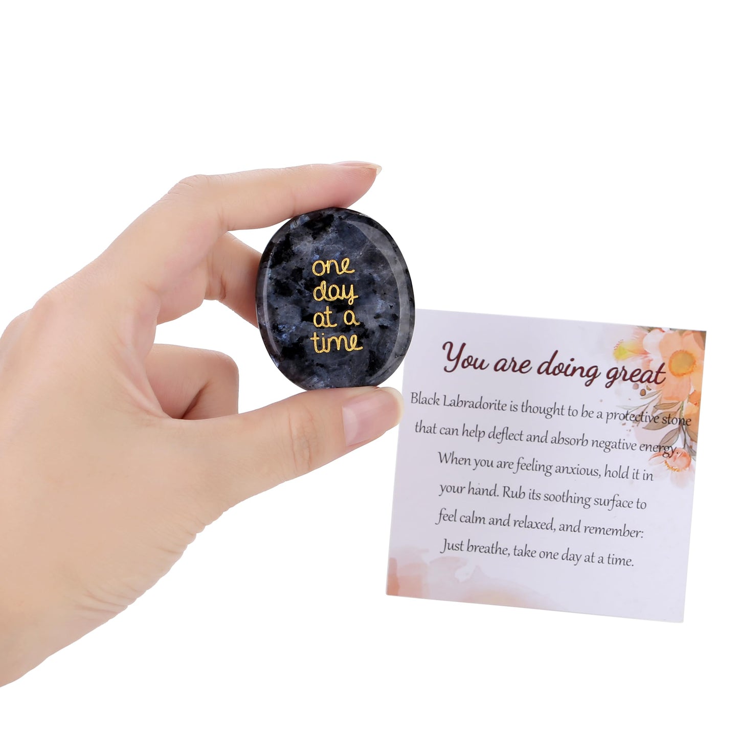 QINJIEJIE One Day at A Time Black Labradorite Worry Stone Healing Crystal Thumb Thinking of You Gifts for Anxiety Relief Items You Got This Inspirational for Friend Encouragement Gift for Women Men
