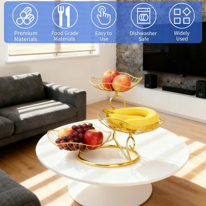Patravious 3-Tier Fruit Basket, Gold Fruit Basket, Fruit Organizer, 3 Tier Basket Stand Suitable for Kitchen/Living Room