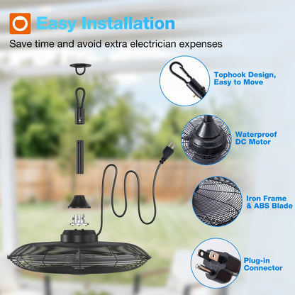 addlon Outdoor Fans for Patios, 20 inch IP65 Waterproof Gazebo Fan Remote&APP Control, 6 Speeds, Quiet, DC Motor, Plug in Ceiling Fan with Hook Hanging Caged Fan for Pergola Porch Canopy Backyard