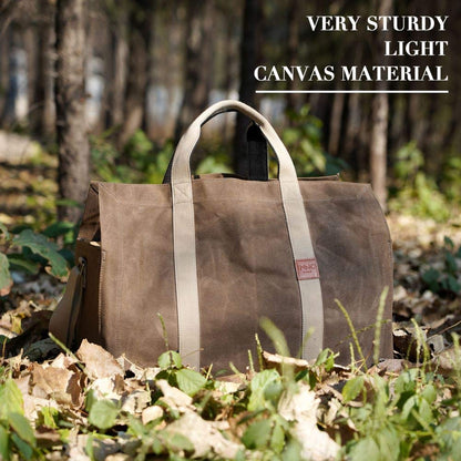 INNO STAGE Free-Standing Firewood Log Carrier Bag - 22 oz Thickened Waxed Canvas Fire Wood Holder Tote with Adjustable Shoulder Strap and Soft Handles for Camping or BBQ Barbecue Dark Khaki