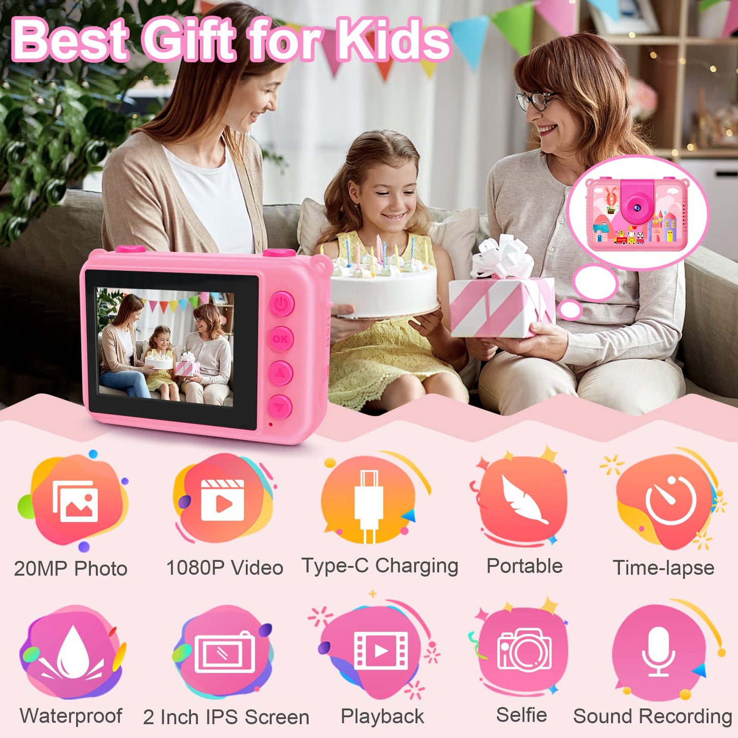 Pool Toy & Kids Underwater Camera - 99FT Waterproof Kid Action Camera 1080P Video&20MP Photo with Flip Lens, Includes 32GB Card for Diving Swimming Beach Snorkeling,Birthday Gift for Girls - GKTZ