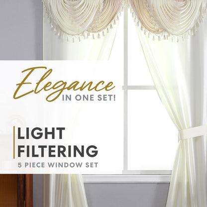 Regal Home Collections Amore Curtains 5-Piece Window Curtain Set - 54-Inch W x84-Inch L Panels with Attached Valance and 2 Tiebacks - Bedroom Curtains and Living Room Curtains (Beige)