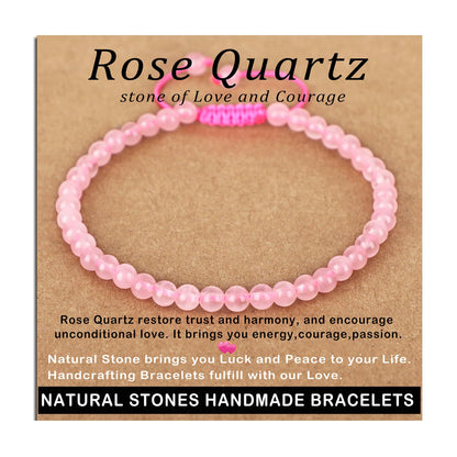 AD Beads 4mm Rose Quartz Bracelet - Stone of stone of Love and Courage - Handmade Natural Stone Crystal Bracelet with Adjustable Macrame String - Yoga Healing Power Energy Gifts for Men and Women