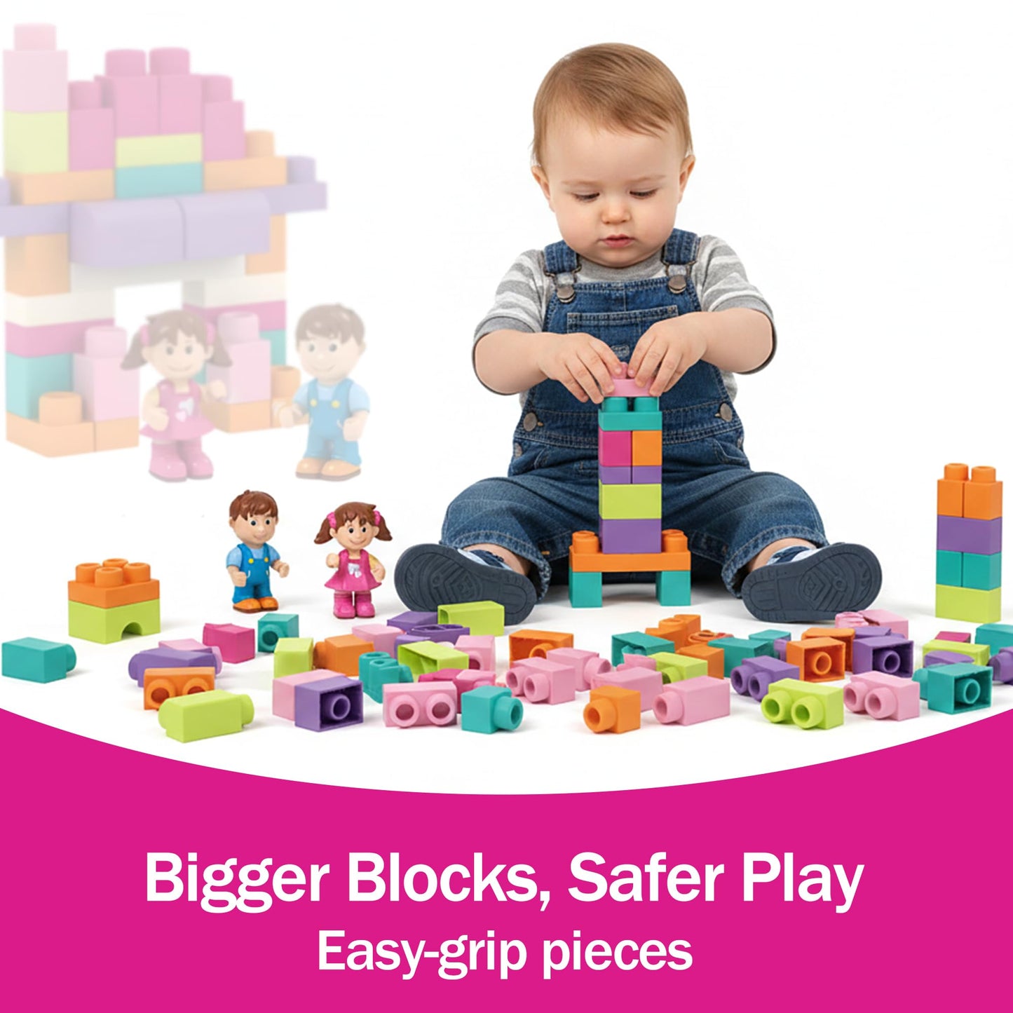 ROHSCE Soft Building Blocks for Toddlers, Stacking Blocks for Babies 6 Months and Up STEM Toddler Gifts, Large Construction Block Set Rubber Blocks Bag with 42 Pieces and Storage,Gift for Easter