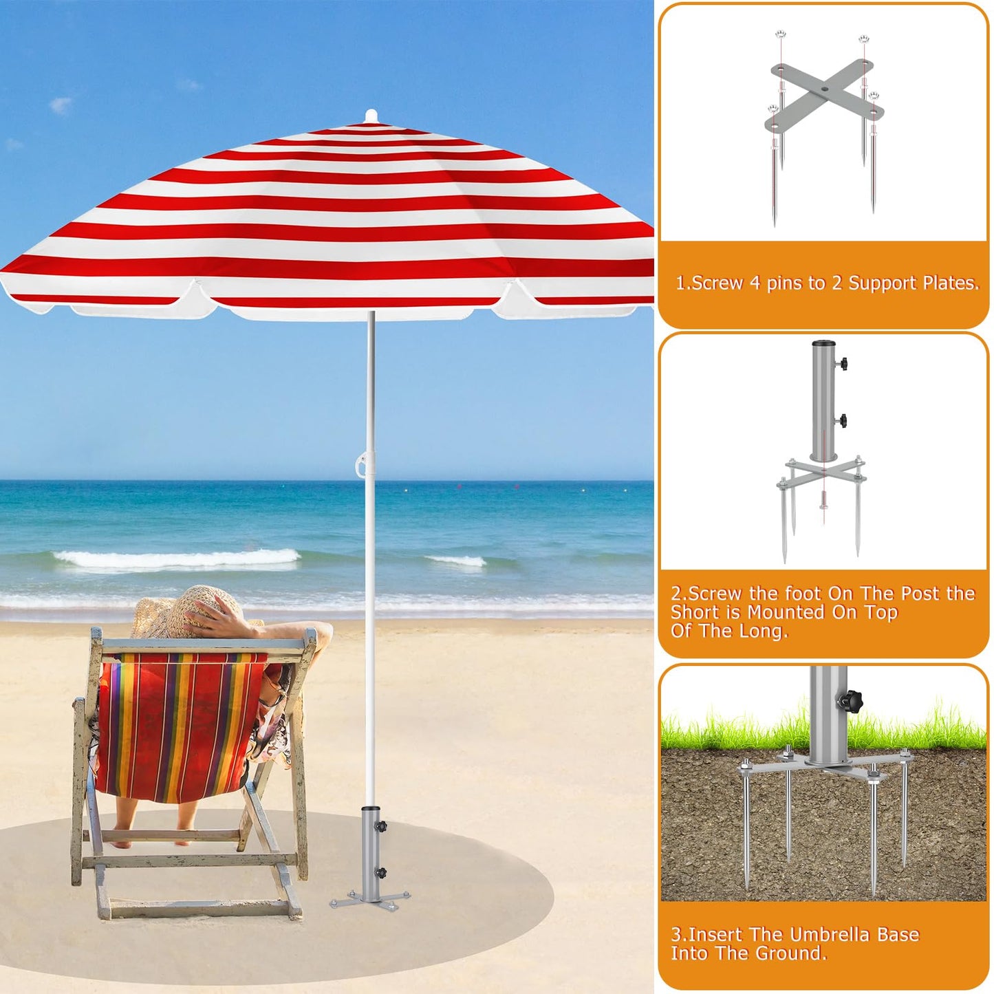 Hammrit Removable Inground Umbrella Stand Anchor with 4 Spike, Metal Grass Umbrella Ground Stake, Outdoor in Ground Parasol Base Mount, Beach Umbrella Sand Anchor Holder for Beach,Sand,Yard,Lawn