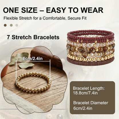 Ysenchan 7 Pcs Gold Beaded Bracelets for Women Trendy, 14K Gold Plated Stackable Stretch Bracelets Set, Adjustable Elastic Gold Bead Strand Jewelry, Hypoallergenic Gift for Women