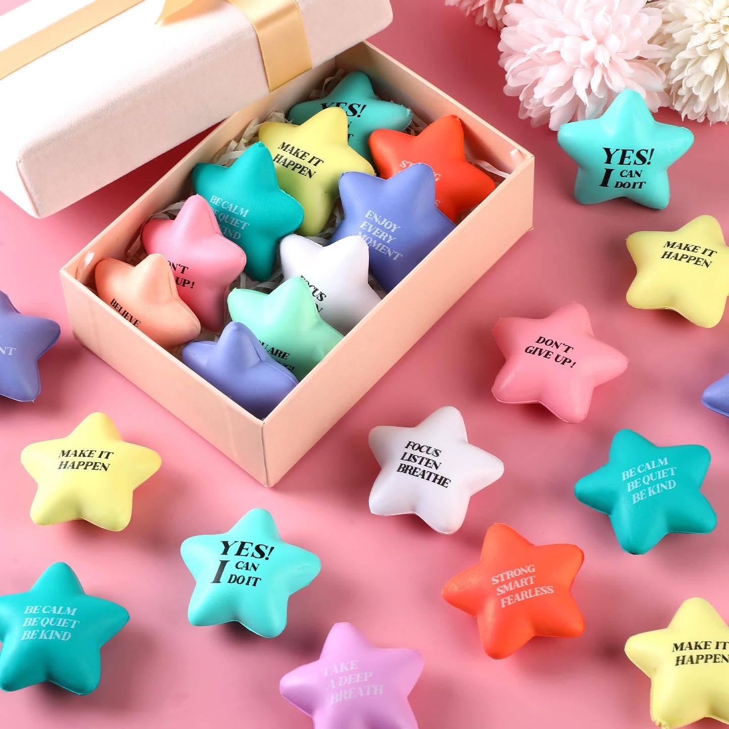 Sotiff 100 Pack Star Stress Balls Bulk for Adults Kids Stress Relief Balls with Motivational Quotes Mini Inspirational Foam Squeeze Gifts Party Favors Toys for Anger Fidget Relief(Cute Colors)