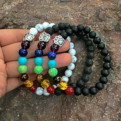 PawsFourLove 7 Chakra Natural Stone Paw Charm Bracelet Lava Rock Mala Beads Elastic Bracelet Yoga Meditation Healing, Dog Puppy Cat Animal Paw Bracelet (Red)