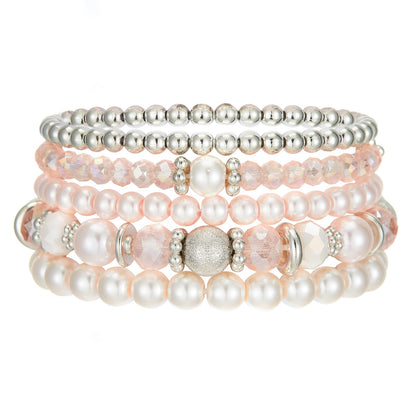 Noessla Beaded Pearl Stretch Bracelet Silver Stackable Crystal Beads Bracelets Trendy Costume Jewelry Mothers Day Gifts for Women(Pink)