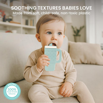 Lulyboo Sip & Soothe Silicone Teether 3 Pack - Food-Grade Soft Silicone, Textured Fruit-Shaped Teething Toys with Easy-Grip Handles for Sensory Development, Soothing Relief, Portable & Easy Clean