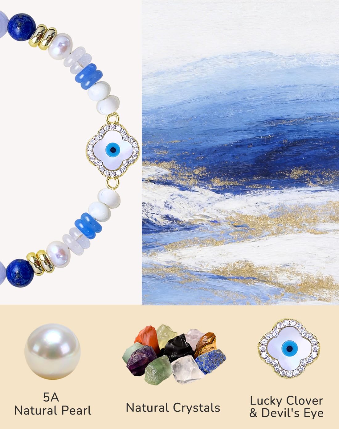 YEETONDA Evil Eye Four Leaf Clover Natural Gemstone Rainbow Bracelets Jewelry 16th 21st 30th 40th 50th 60th 70th 80th Birthday Gifts For Women Mom Sister Friend Daughter Niece(Lapis Lazuli)