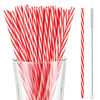 50 PCS-Christmas-Valentine’s-Party-Decoration-Supplies-Straws - Reusable Red and White Striped Straw，9 Inch Hard Plastic Drinking Straws for Holiday Decor Wedding Valentine’s Day Easter Party Favors