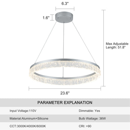 MADEM Modern Silver Led Pendant Light,36W Dimmable LED Chandelier Lighting Fixture, 1 Ring Circular Hanging Led Pendant Lighting for Living Room Dining Room Kitchen Island Foyer Office