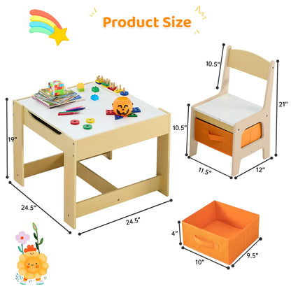 CuFun Kids Table and Chairs Set, 4 in 1 Wooden Kids Table with Reversible Tabletop, Children Activity Table with Removable Tabletop Storage, Toddler Table and Chair Set for Home, Nursery, Playroom
