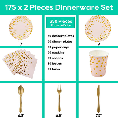 Pink and Gold Party Supplies - 350 PCS Disposable Dinnerware Set - Pink Paper Plates Napkins Cups, Gold Plastic Forks Knives Spoon for Graduation, Birthday, Thanksgiving, Cocktail Party