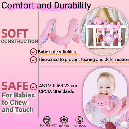 chochumy Spiral Car Seat Toy for Babies 0-6-12 Months Girl, Stroller Hanging Baby Toys 0-3-4-5-6-7-8-9-12 Month Old Newborn Infant Toddler Rabbit Gifts Travel Carseat Mirror Crinkle Bunny Accessories