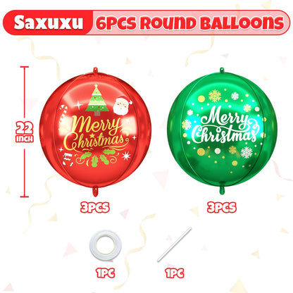 Xmas Foil Balloons Red Green Merry Christmas Printed, 6 Pcs Xmas Round Balloons, 22 Inch Big Round Foil Balloon For Christmas Party Decorations