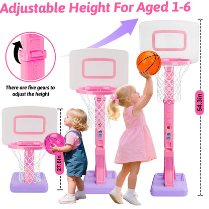 Toddler Pink Basketball Hoop for Age 1-3, Adjustable Kids Basketball Hoop with 3 Balls Indoor Outdoor Play Mini Poolside Basketball Goal Sport Toys Birthday Easter Gift for 1 2 3 4 Year Old Baby Girl