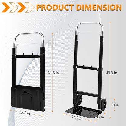 SST Folding Hand Truck with Wheels, 200 LB Capacity Portable Dolly Cart, Utility Cart with Adjustable Handle, Collapsible Dolly for Moving Travel Shopping Airport Office