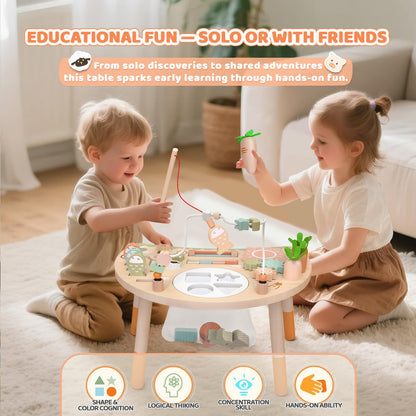 Hewaurorion Wooden Activity Table for Toddlers 1-3, 9 in 1 Montessori Sensory Table with Bead Maze Shape Sorter Fishing Game, Baby Activity Center Learning Toys for 1 2 3 Year Old Boys Girls