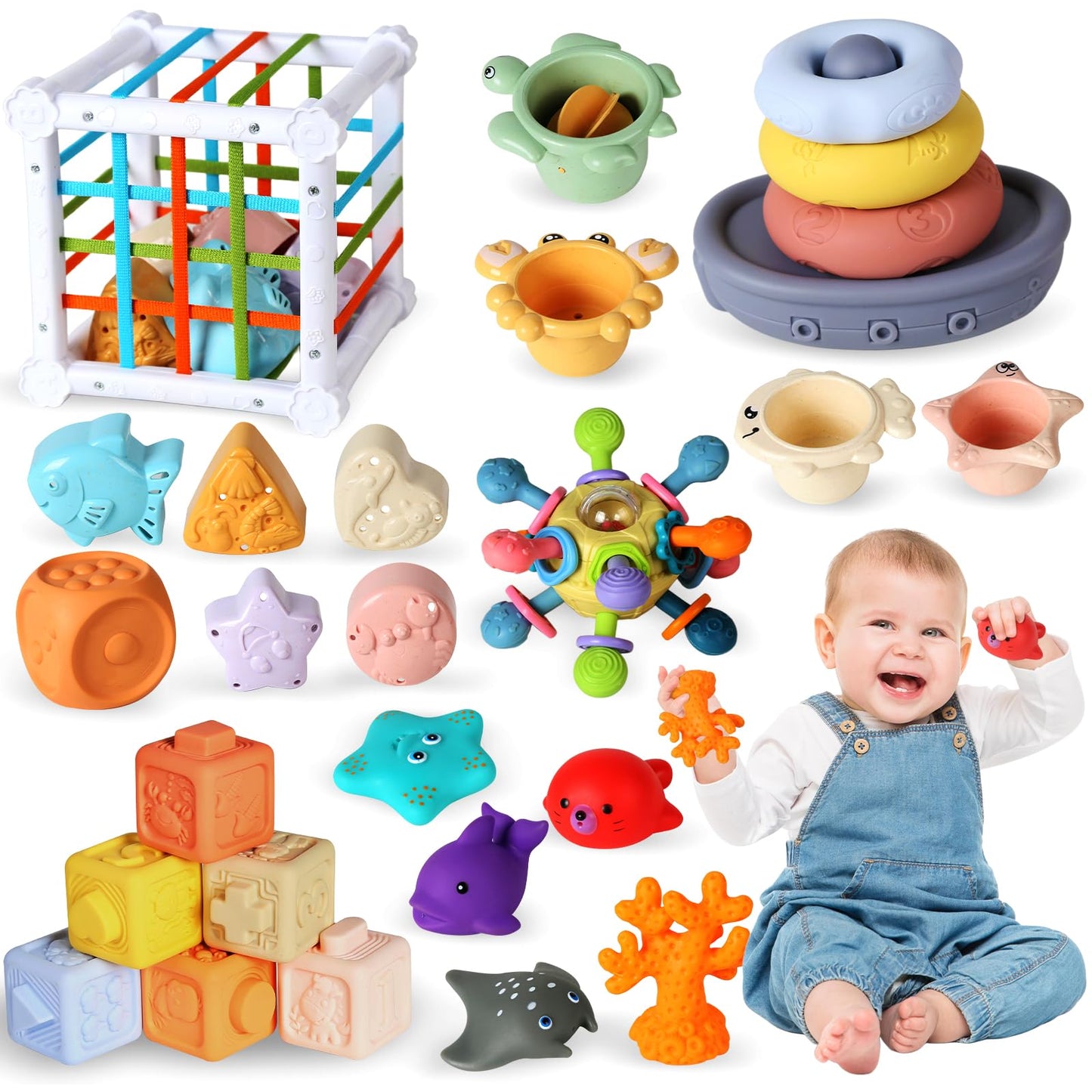 7-in-1 Montessori Baby Toys with Shape Sorter Sensory Bin, Stacking Cups, Soft Sea Animal Toys for 6-12-18 Months, Fun Bath Time Learning Developmental Toys Gifts for 1 2 3 Year Old Girls Boys