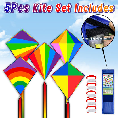 QUANA 5 Pack Kites for Kids and Beginners, Diamond Kites for Kids Ages 4-8 8-12 Easy to Fly Rainbow Kite for Toddlers Age 3-5, Boys Girls Party Gifts Family Beach Outdoor Games and Activities